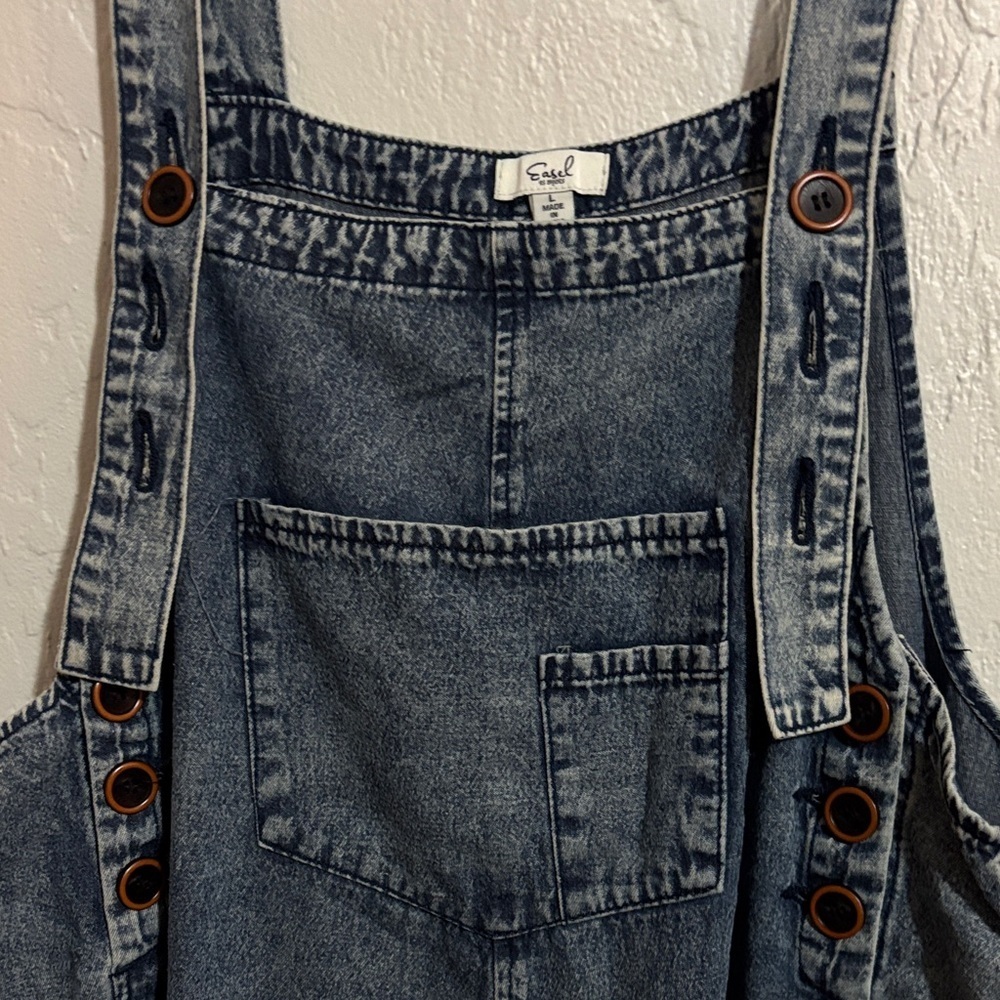 Easel Distressed Blue Denim Overalls - Picture 5 of 7
